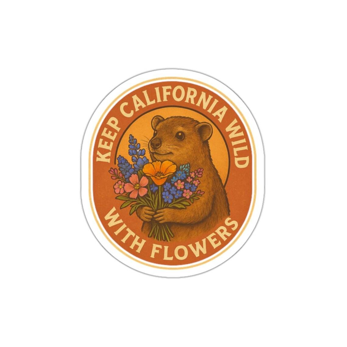 Keep California Wild With Flowers Vintage Rock Hyrax & Native Wildflowers Retro Nature Sticker