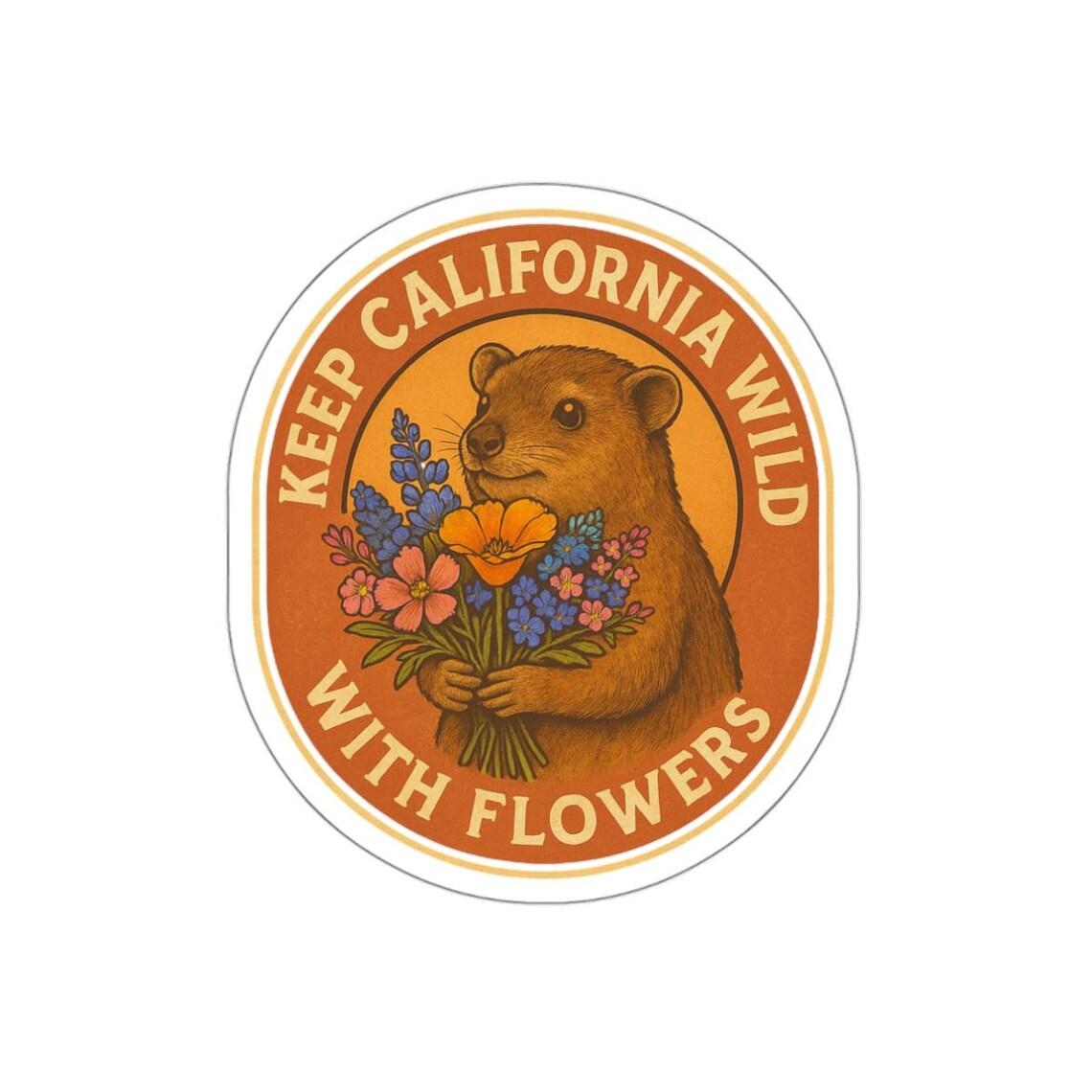 Keep California Wild With Flowers Vintage Rock Hyrax & Native Wildflowers Retro Nature Sticker view 2