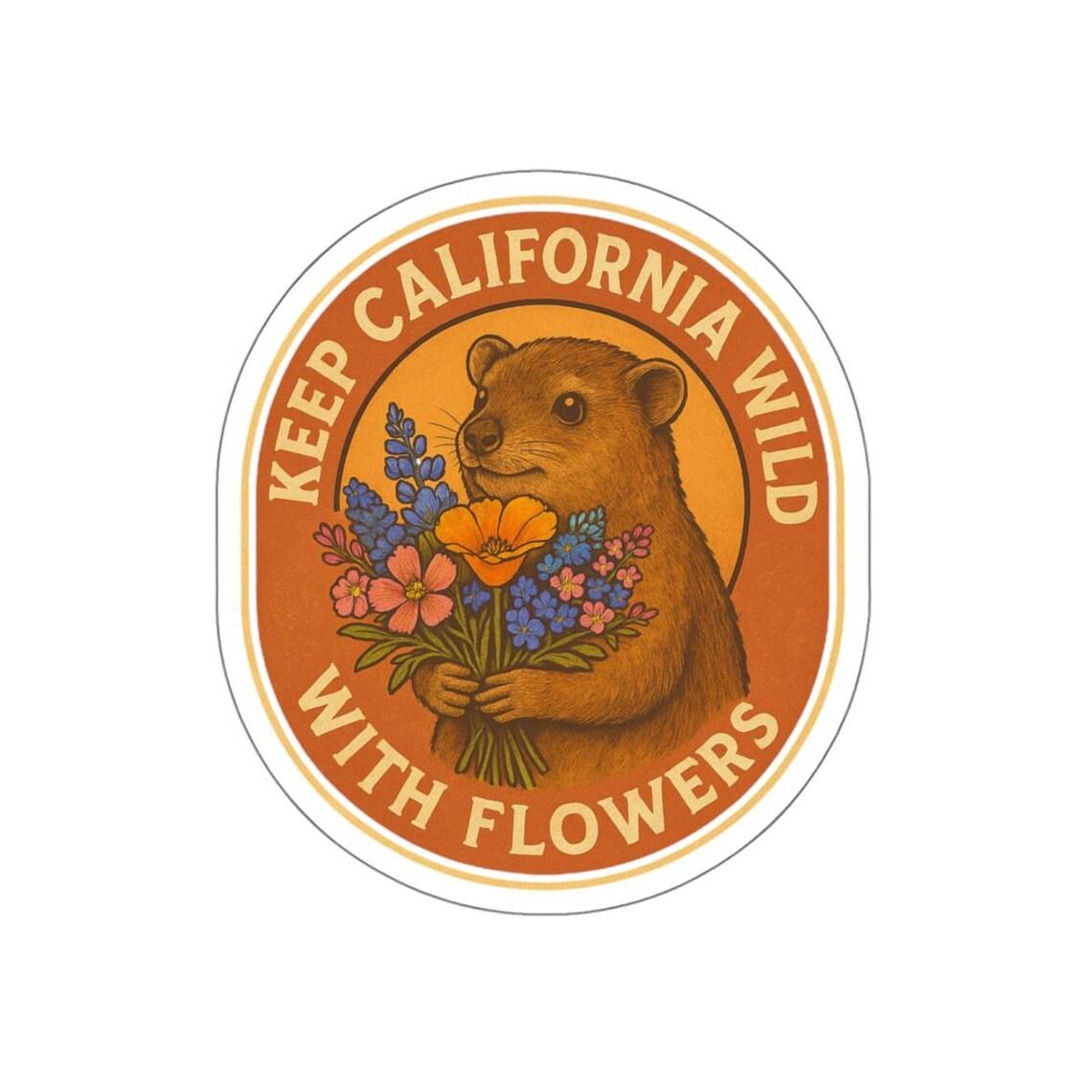 Keep California Wild With Flowers Vintage Rock Hyrax & Native Wildflowers Retro Nature Sticker view 3