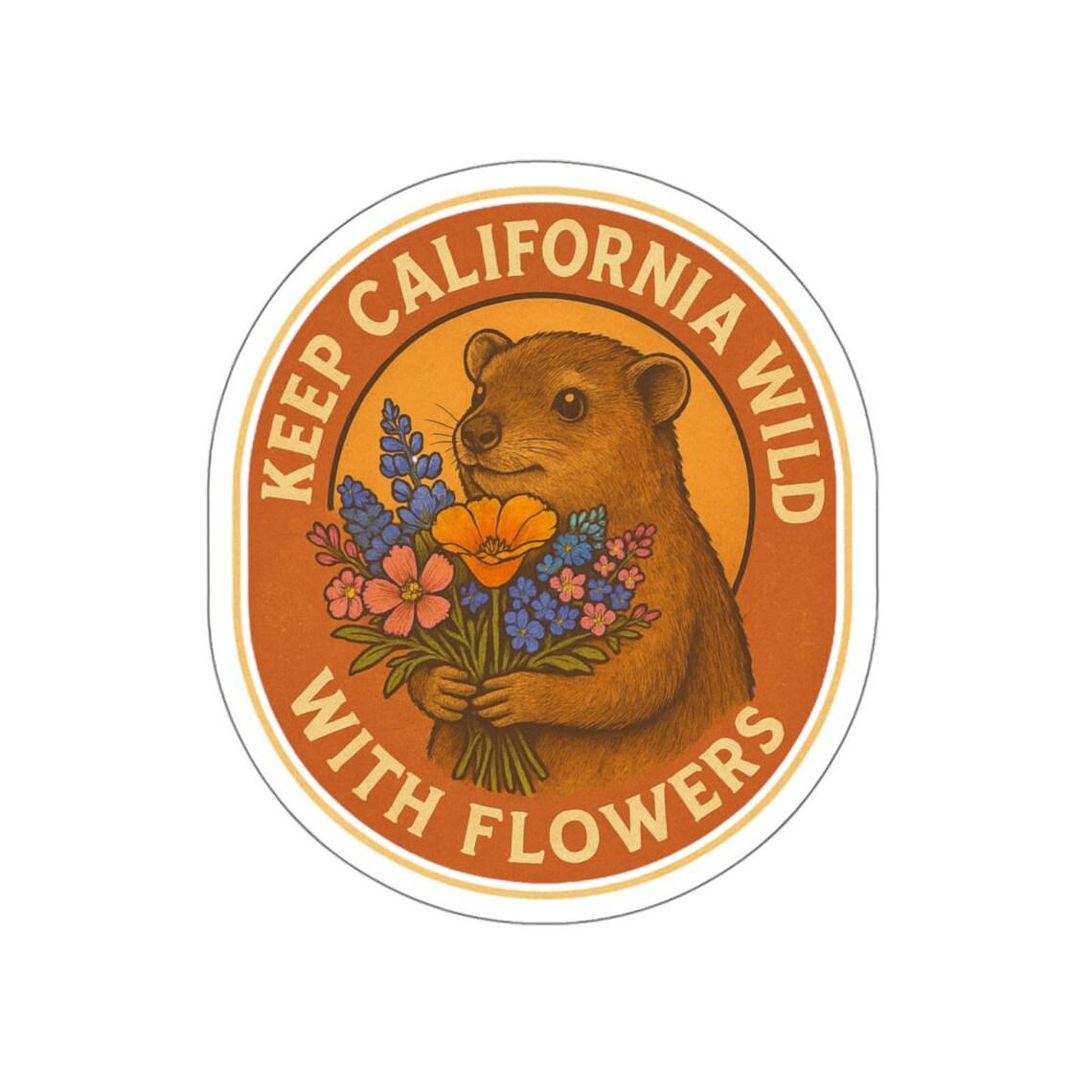 Keep California Wild With Flowers Vintage Rock Hyrax & Native Wildflowers Retro Nature Sticker view 4